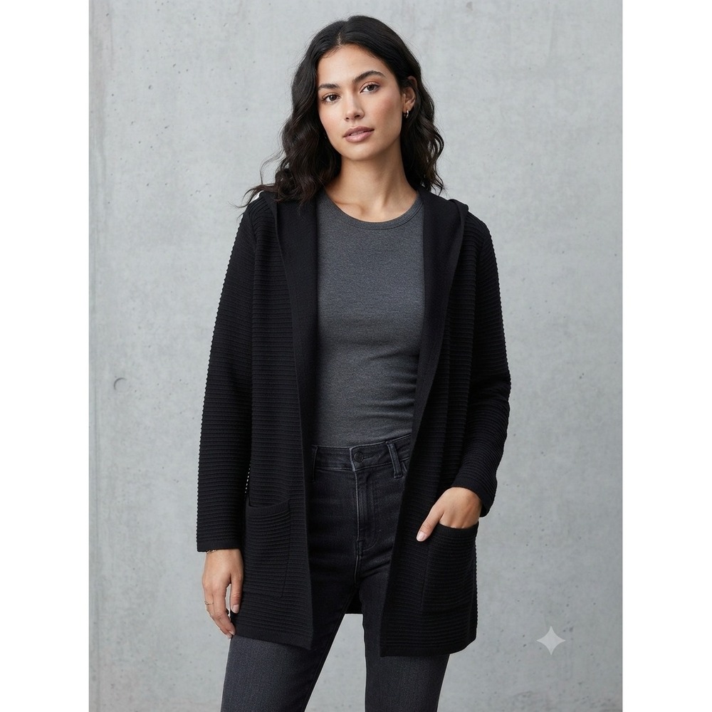 Evolution by Cyrus Ribbed Hooded Open Front Cardigan Sweater Black 2X